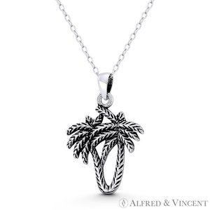 Tropical Coconut Palm Tree Boho Beachbum Pendant in Oxidized 925 Sterling Silver